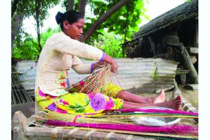 फुर्सदिला थारू समुदायका महिला ढकिया बुन्दै
